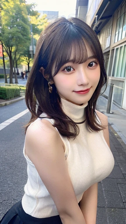 Tabletop、highest quality、figure、 Ultra-detailed、High resolution、8k wallpaper、Perfect dynamic composition,、Beautifully detailed ideal hair、(Beautiful big breasts:1.3)、Natural color lip、Bold sexy pose、smile、Harajuku、20-year-old girl、cute、sexy shot looking at camera、(highest quality: 1.3), (masterpiece: 1.3), (Super Detail: 1.3), (wallpaper, One Girl: 1.1)、(Detailed hands and fingers:1.2)、(Ultra-oily, lustrous skin with attention to detail:1.1)、Oily shiny knee socks、(Perfect beautiful black sleeveless high neck knit top:1.4)、Denim shorts、(Black Pantyhose:1.3)、Brown Hair、short hair、Swinging Hair、Beautiful sister、(garden:1.2)、(Beautiful big breasts:1.2) 、standing、dance