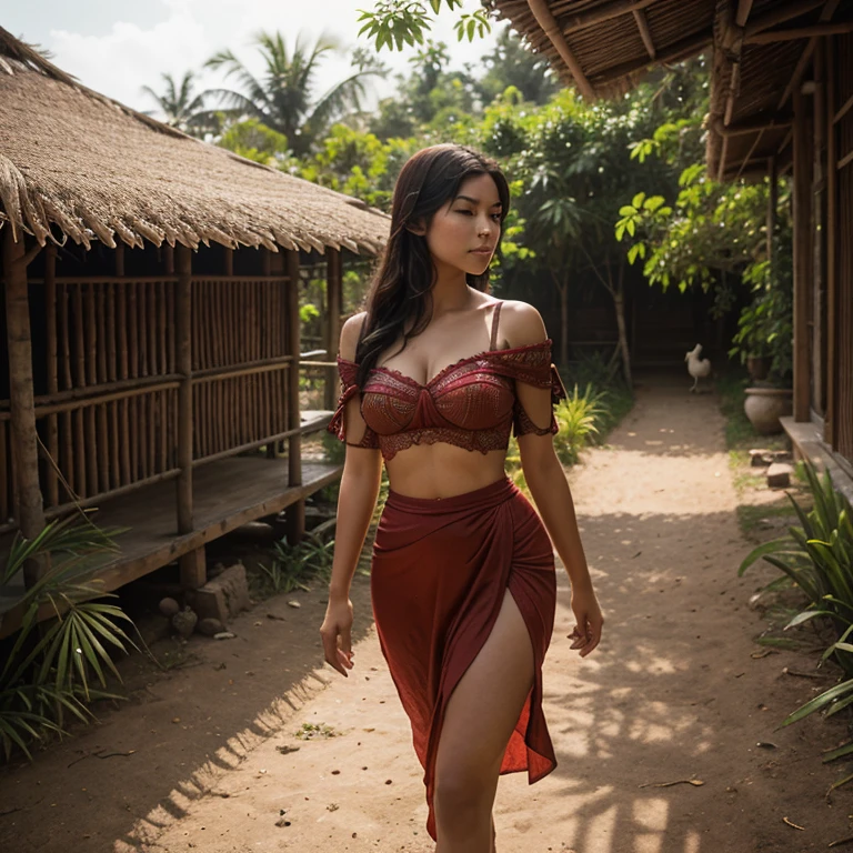 (best quality,4k,8k,highres,masterpiece:1.2),ultra-detailed,(realistic,photorealistic,photo-realistic:1.37),((full-body:1.2, cinematic-shot)),beautiful girl on Indonesian country road,[Raiana-Elizabeth-Dilla],(cleavage breasts,large :1.4),((wearing a  ((ultra-short (red) bohemian-style mini-shirt-dress)):1.4),flowing black hair,gently smiling face,sparkling brown eyes,rosy cheeks,soft pink lips,vibrant green rice fields,verdant tropical landscape,bright blue sky with fluffy white clouds,sunlight filtering through the tall palm trees,soft warm breeze,traditional wooden houses in the background,colorful flowers blooming along the road,traditional farmer's hat,carrying a woven basket filled with fresh fruits,butterflies dancing around her,peaceful and serene atmosphere,harmonious blending of nature and culture,rich and vibrant color palette, with warm earth tones and pops of bright colors,soft golden hour lighting,highlighting the girl's natural beauty and illuminating the surrounding scenery.
