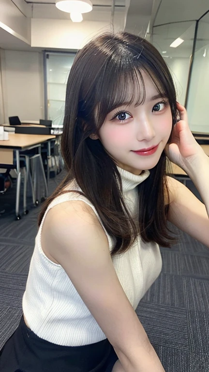 ((Highest quality))、((Very detailed))、(RAW Photos:1.2)、(High resolution detailed face and eyes:1.4)、(Huge breasts)、(Random gravure idol poses)、20-year-old、Japanese Supermodel、library、Long sleeve shirt、Intellectual glasses、Detailed Necklace、1 photo、Sitting in a chair、machine、smile