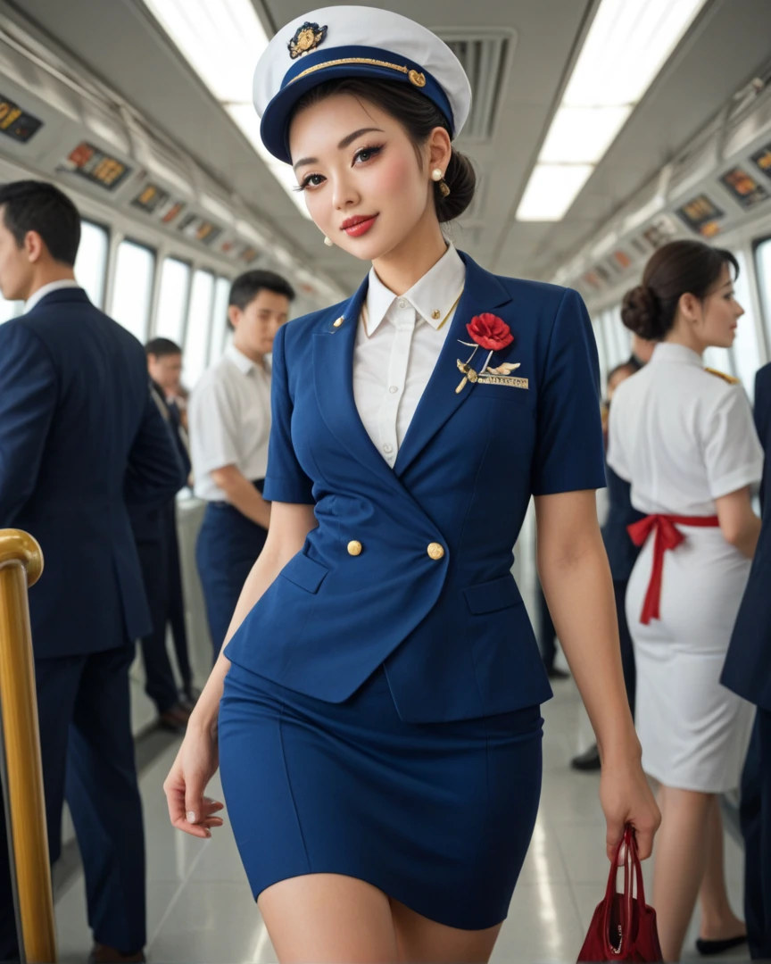 1girl,solo,(full body:1.5),best quality,masterpiece,highly detailed,ultra-detailed,detailed skin,detailed eyes,professional photo,cinematic film still,Stewardess,dark blue uniform,garrison cap,white gloves,pantyhose,in airport terminal in 1950s new york,vibrant,colorful,<lora:detailed_eye:0.5>,<lora:add_detail:0.5>,<lora:aeroflot_2LYCO:1>,STEWARDESS,RED UNIFROM,DARK BLUE UNIFORM,GARRISON CAP,WHITE GLOVES,PANTYHOSE,