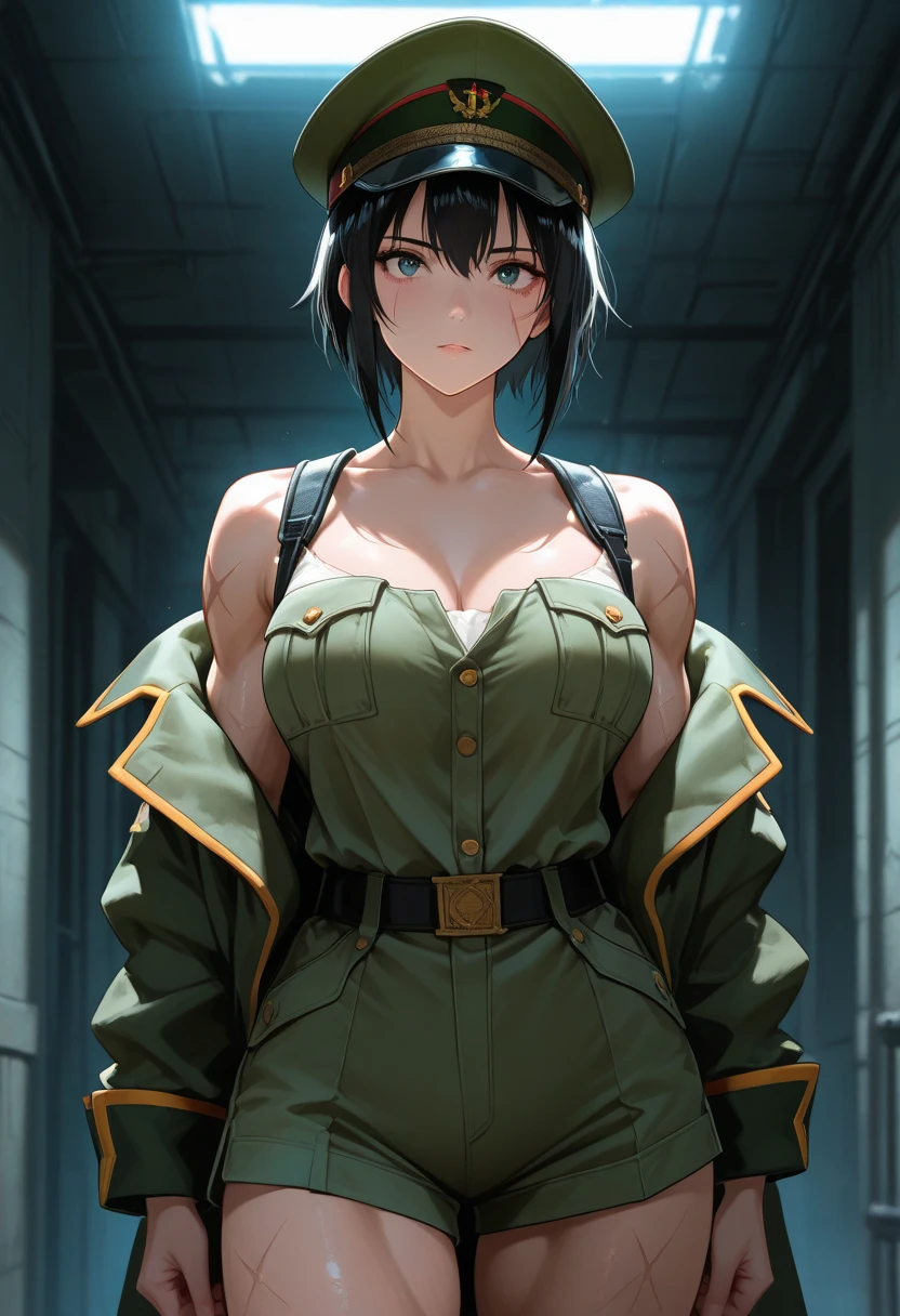 1female,black hair,short hair,red eyes,looking away, half body photo,Women's army uniform,very big breast ,ultra detail, ultra HD