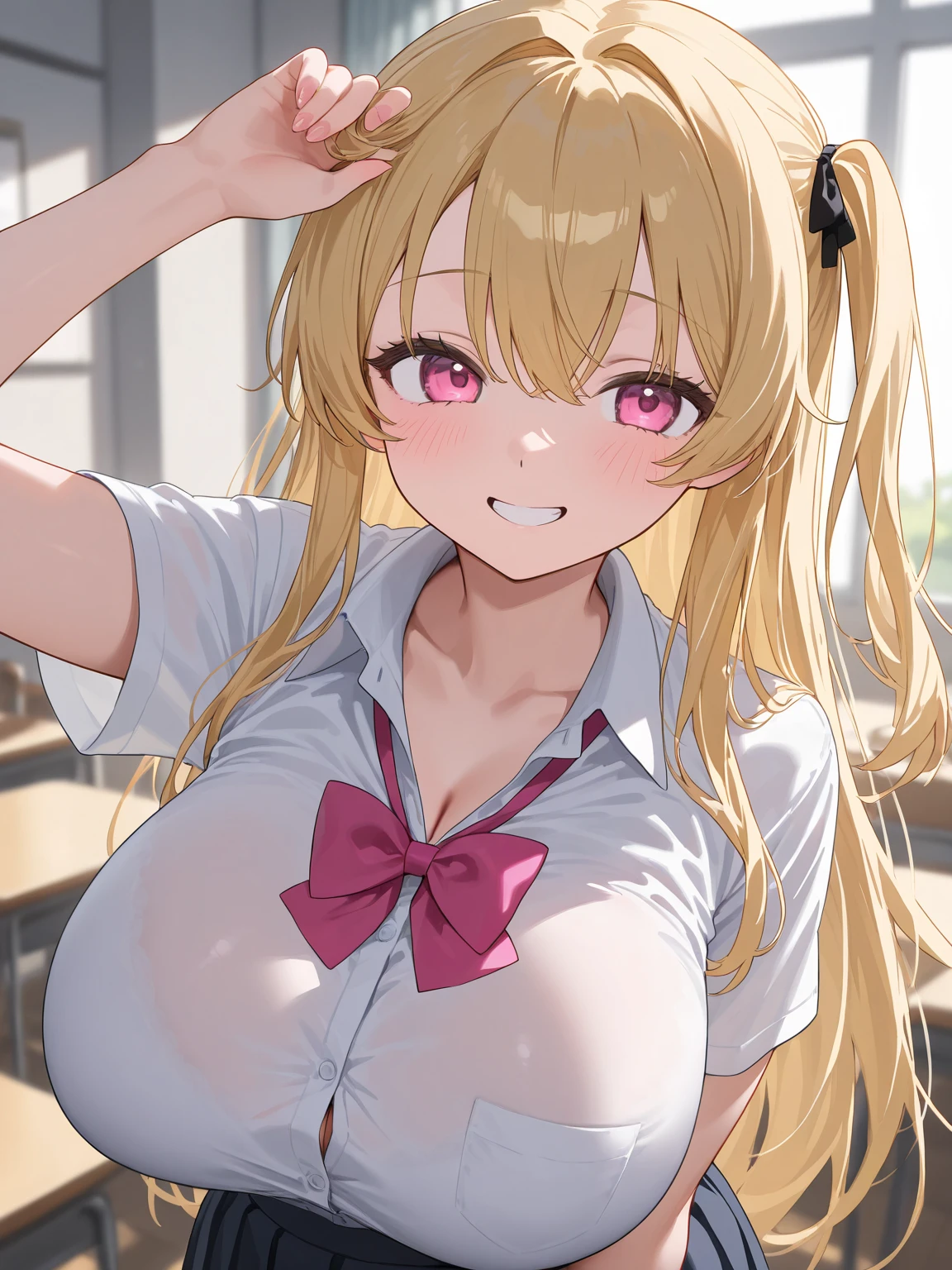 masterpiece、Highest quality、Best image quality、High resolution、Big Breasts、Red bra、In underwear、Blonde、Yellow Eyes、Long Hair、In the classroom、Angry、Remain silent、Only one girl、Having your breasts touched