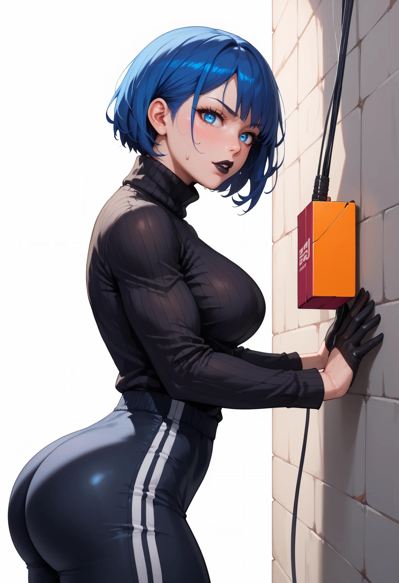 source_anime , ((White background)) White skin ((japan woman)) ((1girl)) , (solo girl) ,30 years old, rathing_explicit  , Sharp long face (beautiful face:1.2), detailed eyes, (blue eyes), (Short straight blue hair:1.3) Black gloves (Black long sleeve turtleneck shirt:1.4) , (Black sweatpants:1.2) ,(Veinous torso) Short hair ((Black lips:1.2)) , tall , Big ass , ((big breasts:0.7))  sexy ,((muscle:-0.5)) , strong , ((Cut the wires at the control box on the wall:1.4)) ,(kneel:1.2) , (Side view)