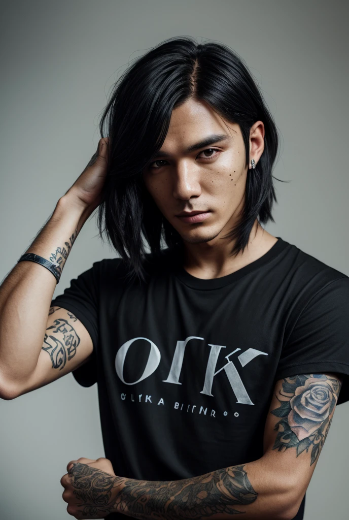1 man, Japanese man, male, Asian eyes, muscular, broad shoulders, yakuza tattoos, hairstyle Visual Kei style, hair Visual Kei, black men's shirt and black pants, ultra detailed face, hyperrealistic, realistic representation, long hair, long hair, 30 years old, age 30 years, blonde hair