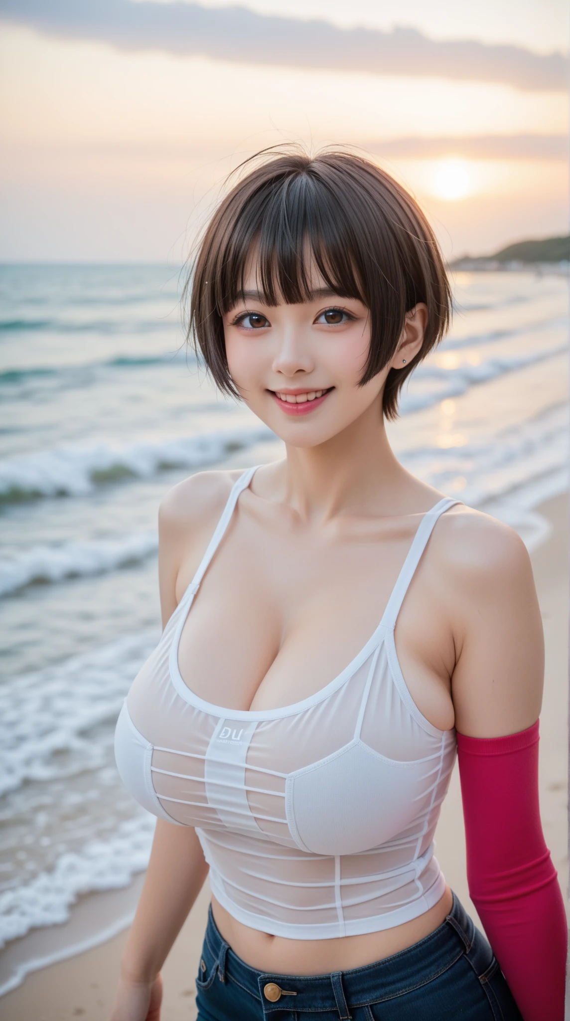 (Hyper Reality: 1.35), (Realistic: 1.4), A beautiful Japanese woman, smile, alone. masterpiece, 最high quality, high quality, alone, Very good, Latin, puberty, Only one girl, Well-trained, muscular, (((Slender figure)), ((slim body)), ((super extra enormous breast:1.4)), ((最high quality)),((Hello)),((Very delicate and beautiful)),((Very shallow depth of field)), Hmph,((Incredibly shallow depth of field)). family friendly)), (((Very delicate and beautiful)), (((Very shallow depth of field))), Hmph, (((Unbelievably absurd))), (((Black Hair )), (((Shortcuts))), (((Bob Hair))), ((( Camera Eye)))), (((small ))), (((smile))), poor, my + background, Dynamic Angle, Focus on women, {Particles of light}, Detailed background, Soft lighting, (dramatic) , sunset, very beautiful sunset, Live Action, Realistic, (blurred background), ((18-year-old)),, (((wind:1.5))), ((Movement)), ((emotion)), ((colorful)), ((Baby Face)), ((Beautiful Teeth)), Wither, sea background, No makeup,Very fair skin, ((micro bikini with very little fabric)), ((latex halter neck micro bikini)), ((super micro bikini)), underboob, under boob, Bold naughty poses, (((cleavage))), Firm and bursting breasts