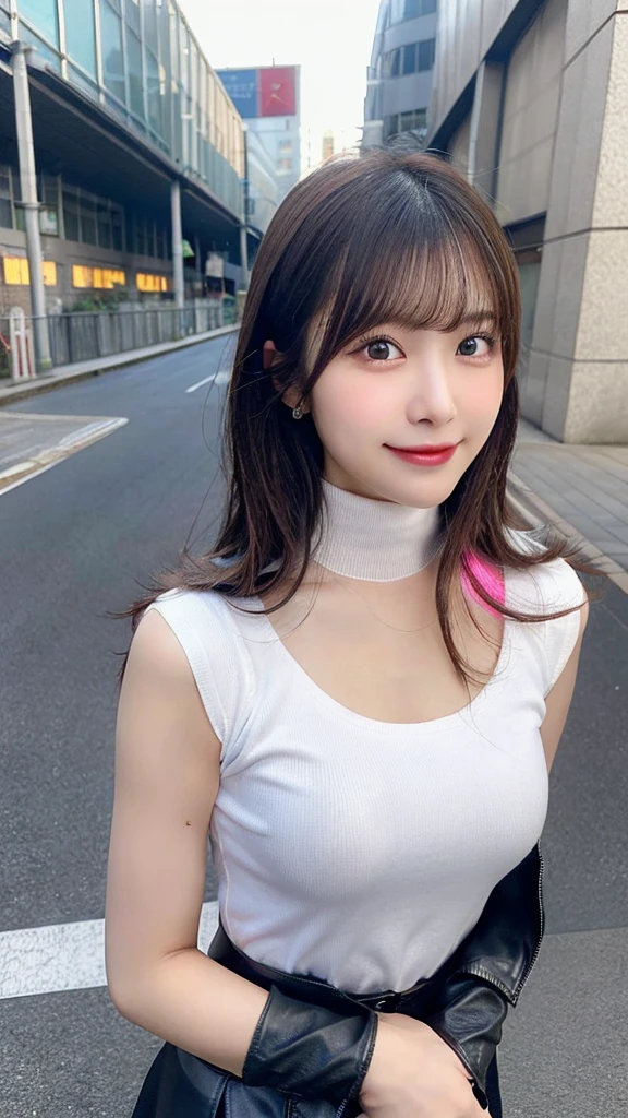 Wearing a white leotard,Street corner of Tokyo wearing a headband with rabbit ears,highleg leotard,Facing backwards,A smile,A dark-haired,short-hair,Wearing black stockings