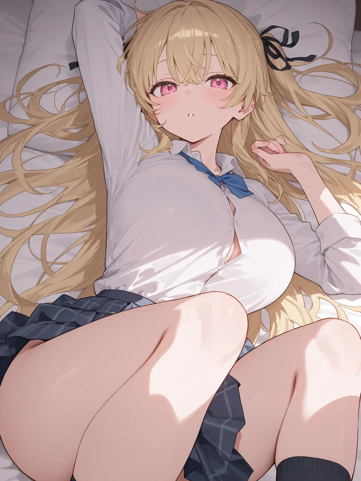 ((sexy girl ,gyaru))nsfw,glamorous, blushing, flushed face, looking down,kids' clothes, yellow eyes, long curly blonde hair, tan lines, oil skin, big hips, big breasts