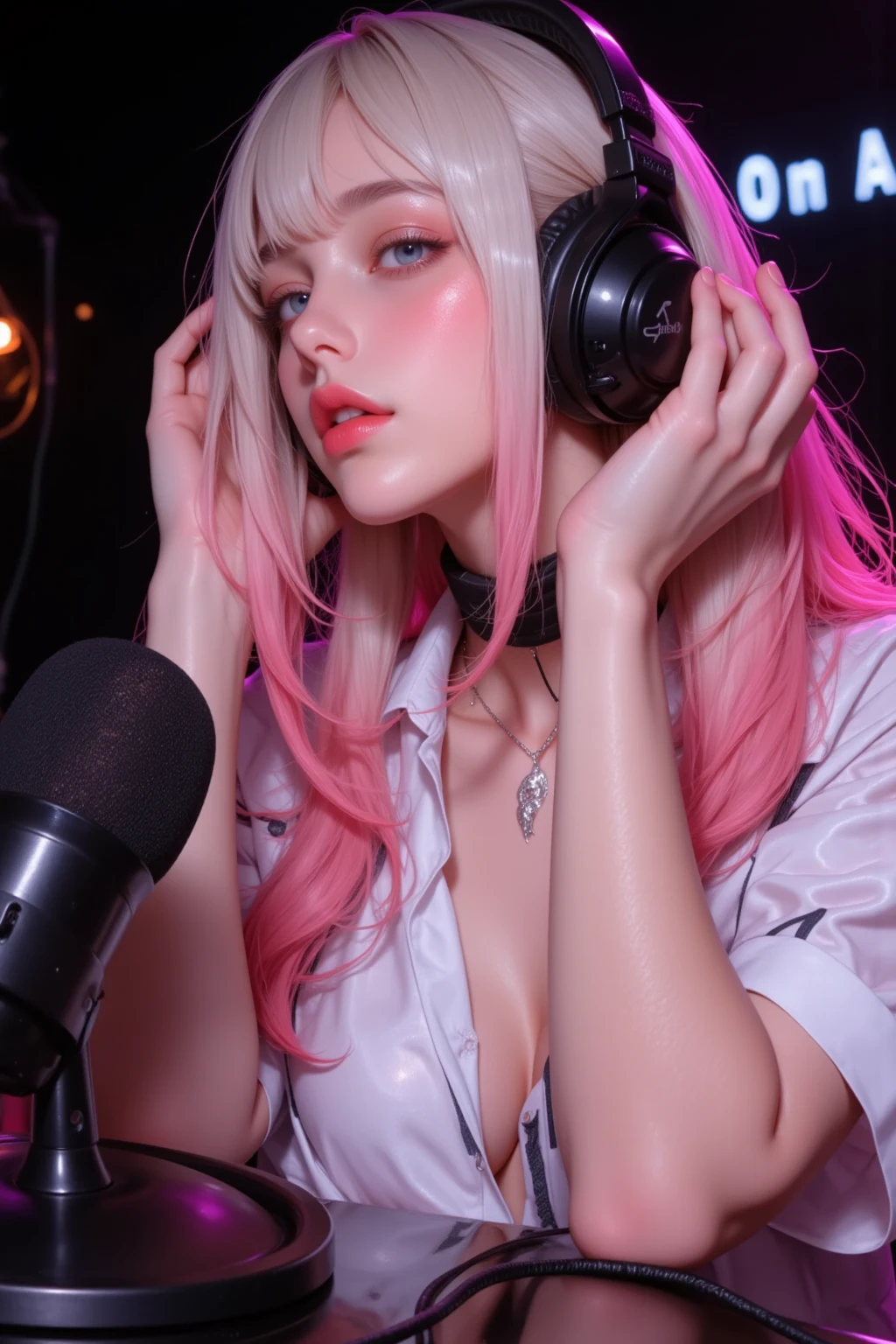 Pink Hair Girl, Paper by Morena Clara, With gal make-up, On the DJ table, wearing a gal outfit and headphones