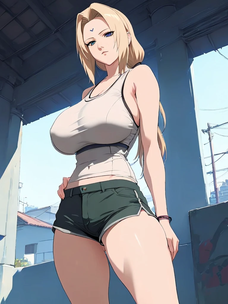 Masterpiece, best quality, high resolution, 1girl,mature female, big breasts, blonde hair, black eyes, slim waist, looking at viewer, perfect anatomy, white camisole, dolphin shorts, arms behind head, show both armpits, sweaty armpits, high heels, outside, blue skies, building background, streets, pale skin, sweaty body, from Above, see trough breasts, no bra