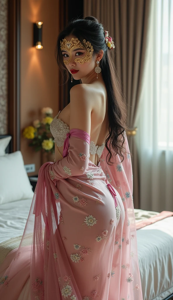 Beautiful Indian Woman in a Radiant Pink and Black Saree, Reclining on a Bed of Vibrant Orange Blossoms, Ivory Skin Glowing Under Soft Light, Saree Boasting Intricate Embroidery, Detailed Silk Fabric, Flowing Gently Around Her, Petals Scattered Beneath Her, Slim Waist, Accentuating the Traditional Pallu, Long Black Hair, Spread Out in Casual Elegance, Bare Feet Touching the Soft Petals, Serene Expression on Her Face, Eyes Filled with Wisdom and Grace, Close-Up Capturing the Beauty of Her Features, Ultra High Resolution,