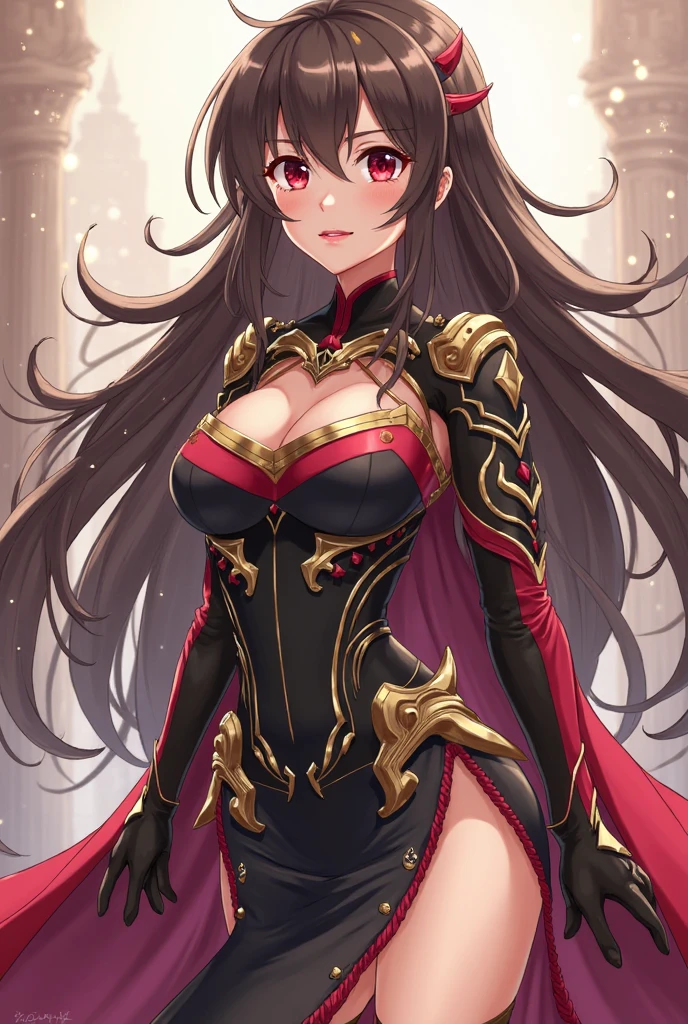 masterpiece、top-quality、hight resolution、High-quality images、8K、1womanl、detaileds、Detailed eye depiction、the detail、skin gloss、Lustrous black hair、full bodyesbian、Long hair、poneyTail、Lisa、portlate、Steel armor、Crimson Cape、huge sword