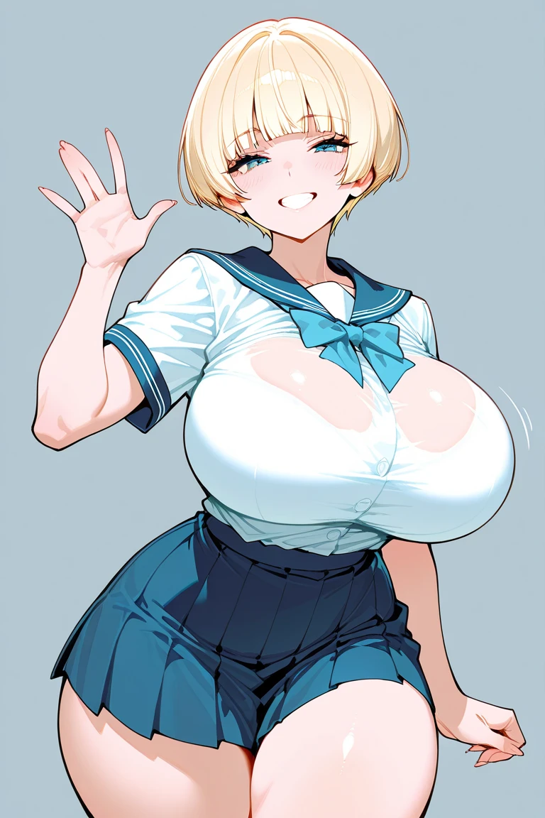masterpiece, highest quality, 1 girl, (((chestの焦点))), ((cute eyes)), gloves, hair ornaments, school uniform, looking at the viewer, alone, chest, school uniform, put your hands behind your back and put your arms behind your back, school bag, evil smile,
(((monochrome))), blue line, 大きいchest, line drawing,((丸いchest)),sweat,(thin waist:1.4),(huge breast:1.4),(chestを強調する:1.5).