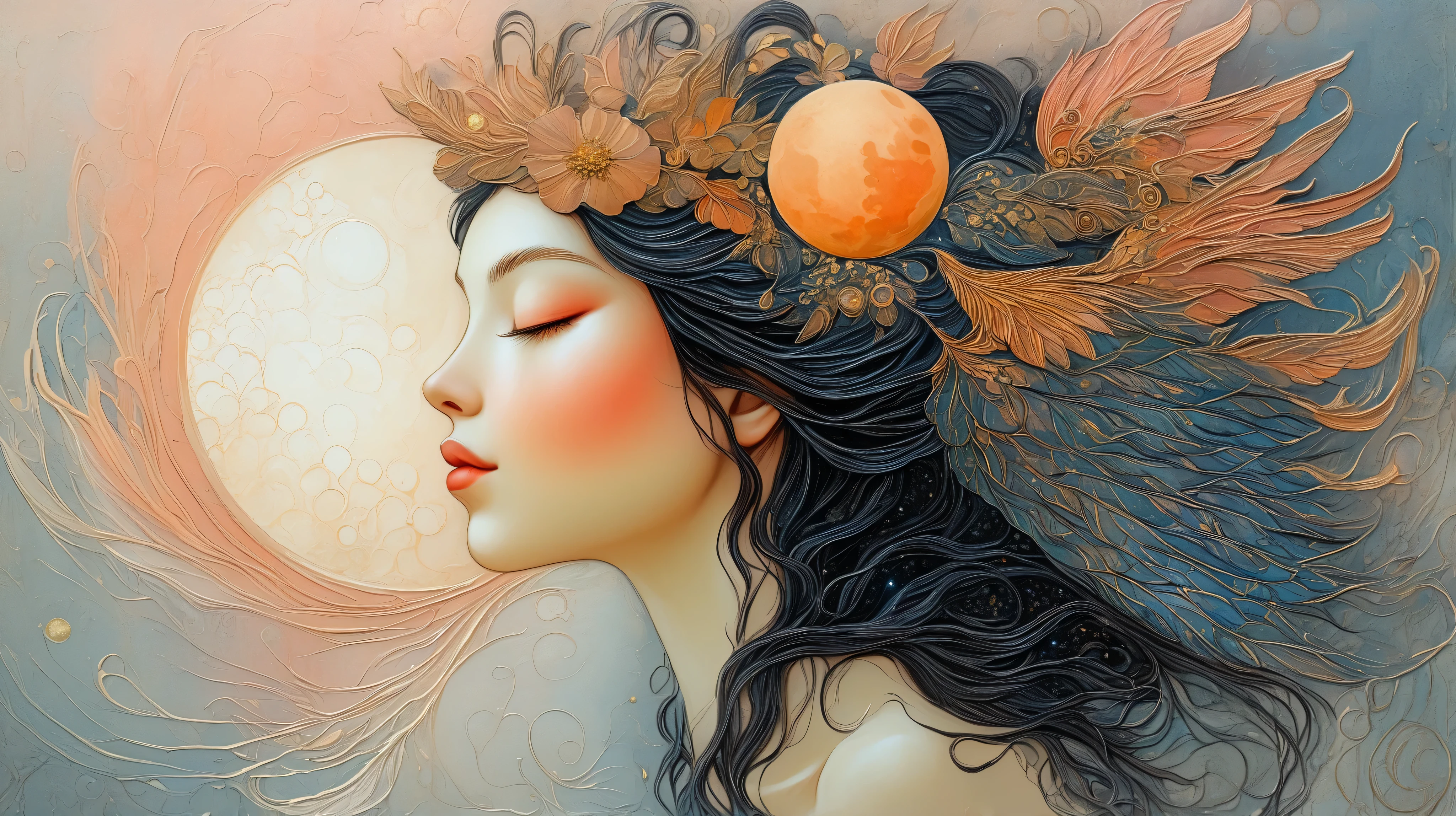 a painting of a woman with wings and a moon in the background, Botticelli and Victo Ngai, ethereal wings, beautiful and intricate painting, por Kelly Mckernan, beautiful intricate painting, intricate and detailed painting, Ethereal Angelic Being of Light , ornate and fluid , inspired por Kelly Mckernan, abrindo suas asas, Beautiful representation , asas abertas.
In this stunning artwork, a mystical figure appears with hair flowing blacks and an expression of serene introspection. She is adorned with large, intricately detailed wings that are a mix of captivating and flowing wings that are a captivating mix In red, peach, e toques de ouro, echoing the patterns found in the adjacent celestial orbit — a golden moon adorned with textured ornaments. Around it are ethereal circles and abstract lines that contribute to the dream quality of the scene. The background is a harmonious blend of peach and muted golden tones, with stripes of dripping ink that create a sense of movement and fluidity. The use of contrasting textures and vibrant colors gives the image a sense of tranquility and dynamic beauty, , while the artwork suggests themes of spirituality and transformation, that invokes an atmosphere of reflective calm in the midst of cosmic chaos.