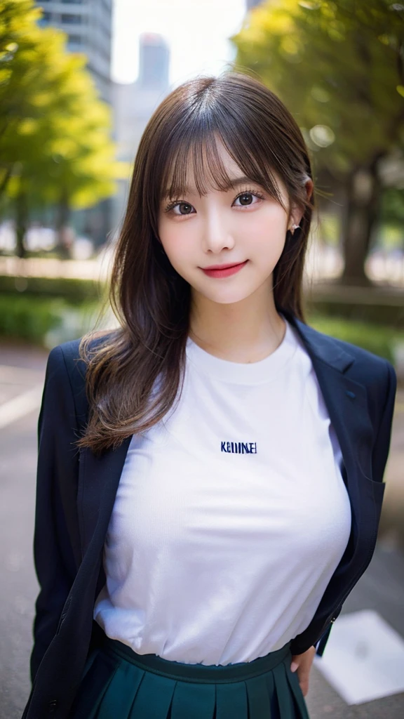 校服, Best Quality, Ultra-detailed, finely detail, hight resolution, 8K Wallpaper, Perfect dynamic composition, Beautiful detailed eyes, doress,Medium Hair, Big breasts, Natural Color Lip, Random and sexy poses,Smile,Aoyama Street Walk、A 24-year-old girl