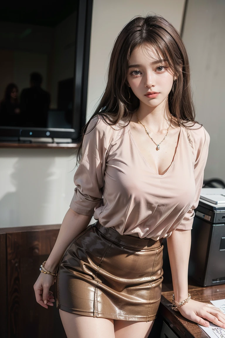Highest quality. Tabletop, 8K, Best image quality, One Woman, Perfect V-neck long knit wine color sweater, Waist to upper body shot, (I&#39;m looking forward to), Red eyeshadow, Perfect Makeup, Long eyelashes, Ultra-high resolution glossy lips, Ultra HD, ((Facing forward)), Cute face, Brown Hair, Very short straight hair, Look at me and smile, clavicle, Accurate anatomy, Face close-up, The most atmospheric and warm lighting, Blurred Background, ((View your viewers))