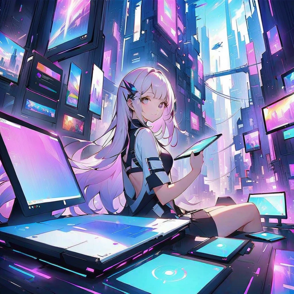 a girl use computer to build up her world.