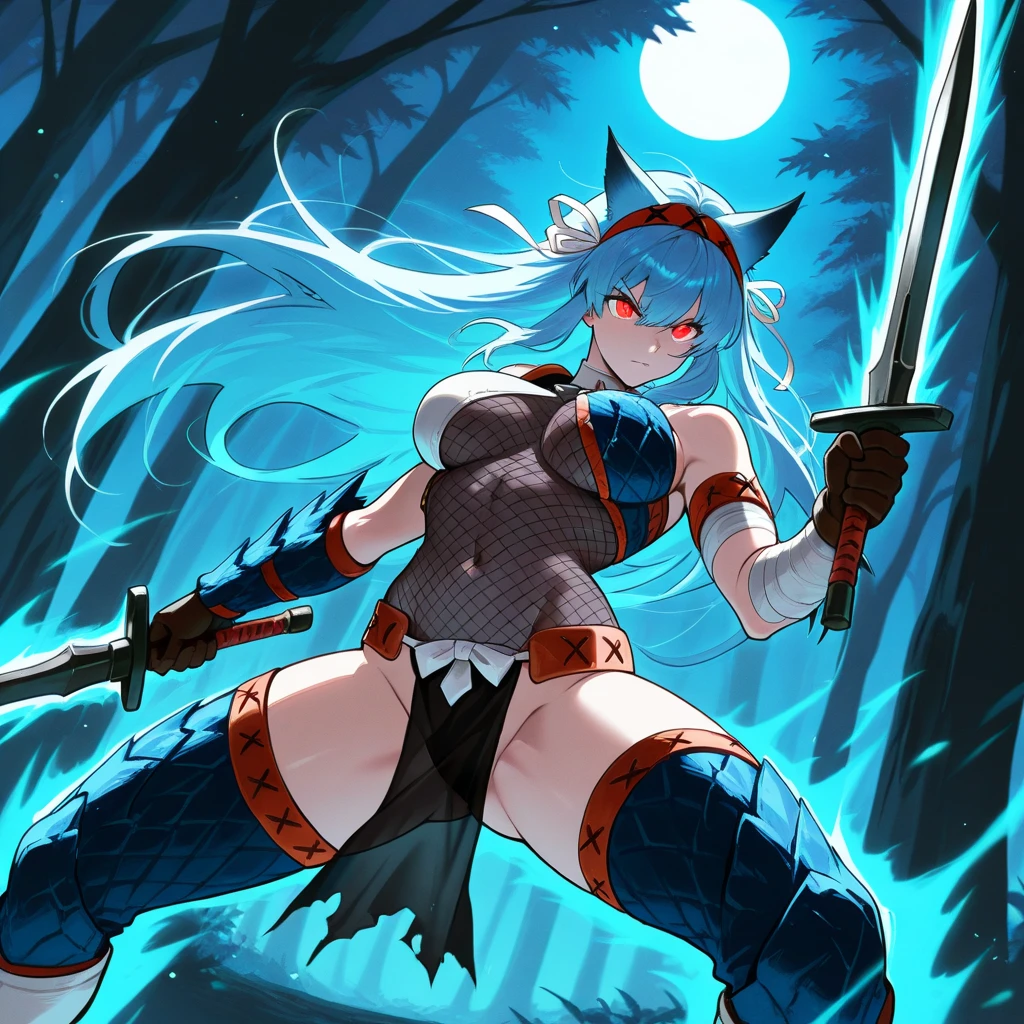 1 girl, solo, Irys, aberrant colours, flamy blue hair, very long hair, heterochromic eyes, large breasts, muscular physique, grey tank-top, black elbow gloves, tattered and torn black short trousers, black leg fishnets, equipping brass knuckles, otherworldly field in background, night, dim_lighting, devastated surroundings