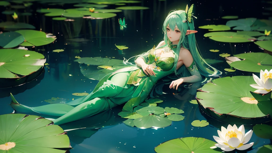 (Green dress), (Lotus pond), (Water lily pad), (Lotus: 1.3), (Butterfly: 1.4), (Paper fan), (Floating leaves), (Wind), (Sleeping), (Transparent water: 1.1), (Moonlight: 1.3, perfectly matching the surrounding scenery. On a beautiful night, the moonlight shines on the water surface, creating a calm atmosphere. From above, viewers can see the water lilies and lotus flowers around her, and there is a mysterious light underwater that illuminates the elegant swimming fish around her. Many blue butterflies dance around the girl, and the green theme dominates the entire scene. The jade and its color scheme highlight the natural beauty of the pond. The murmuring water and moonlight add a peaceful mood, making it a perfect place for relaxation and reflection,