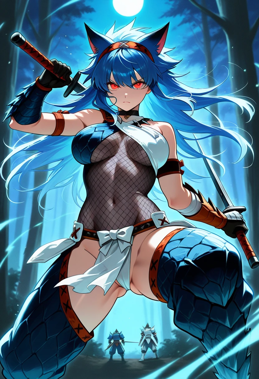{{upper body, dutch angle}} {{Artist: toraishi_666}} 1girl, mature female, visible muscle, short blue hair with braid, burning eyes, , moderate hips, burn scars, grey metal armored tube top, feather sleeves, baggy red dancer pants, outdoors, gloomy fantasy forest, standing, unpleasant look, 1 red sword on hip, 1 blue sword on hip. hands on hips, pov.