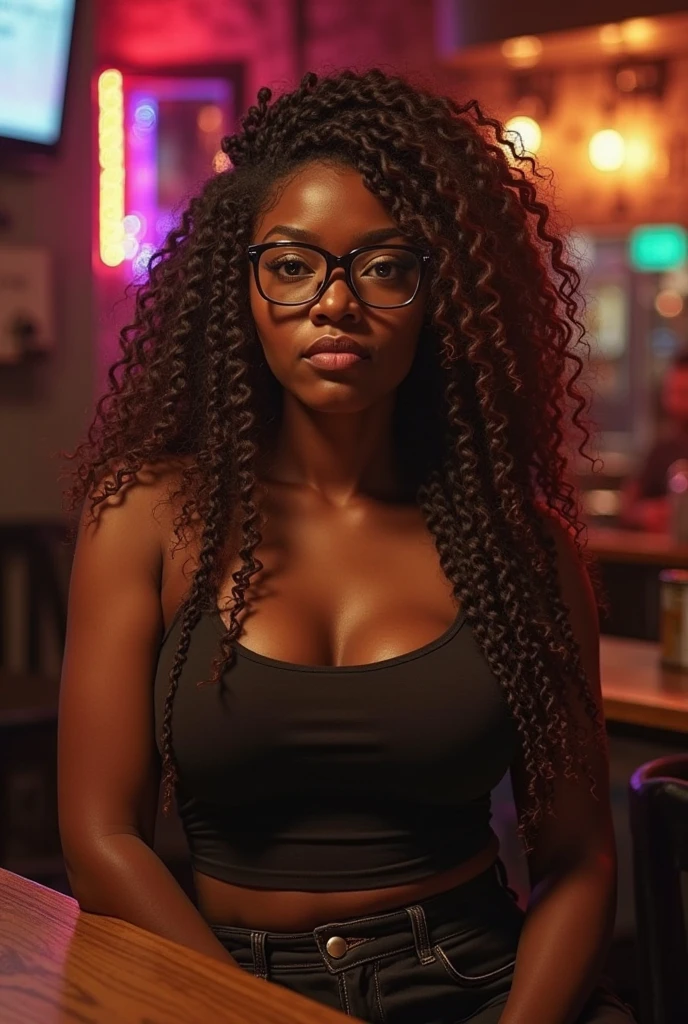 Beautifully soft young brown skinned black woman with black and brown dreads and glasses, dressed in an alt aesthetic, eyebrow and septum piercing and tattoos, curvy
