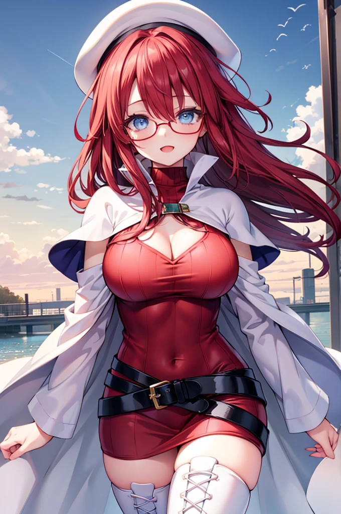 summonnightaty, aty, (young:1.3),long hair, blue eyes, red hair, big_tits, hat, glasses, BREAK long hair,, hat, dress,glasses, cape, sweater, beret,ribbed sweater,,solo, BREAK outdoors, fantasy, BREAK (masterpiece:1.2), best quality, high resolution, unity 8k wallpaper, (illustration:0.8), (beautiful detailed eyes:1.6), extremely detailed face, perfect lighting, extremely detailed CG, perfect anatomy),covered_nipples,half_eyes,sleepy_eyes,red_sweater,magical_effect,,Smile,closed_mouth,solo,in_modern_town_landscape,night_sky,solo,portrait,bust up,looking_viewer,shiny_lips,blush