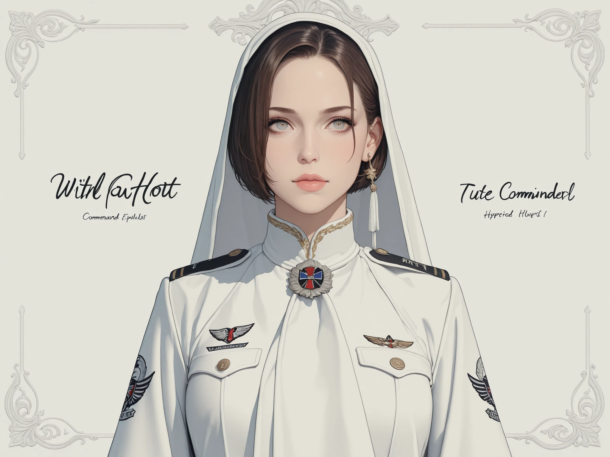 A beautiful white (((banner wallpaper))) in 4k definition, with a hyperrealist cute hot girl printed in the Resident Evil aesthetic and style, text "beautiful commander"