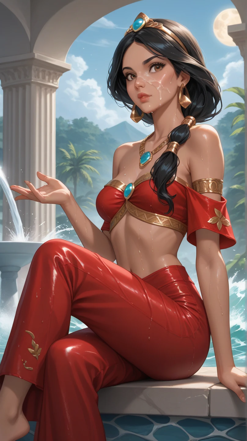 masterpiece, best quality, highres, 1Female, Dark Tan Skin, black hair, long wavy hair, green eyes, faint blush, breasts, seductive smirk expression, pirate siren inspired outfit, hair wet styled down with a bandana, body decorated with jewelery, kneeling in water, fingers to lips, large plants and water, ancient cathedral setting, moody warm ethereal lighting.