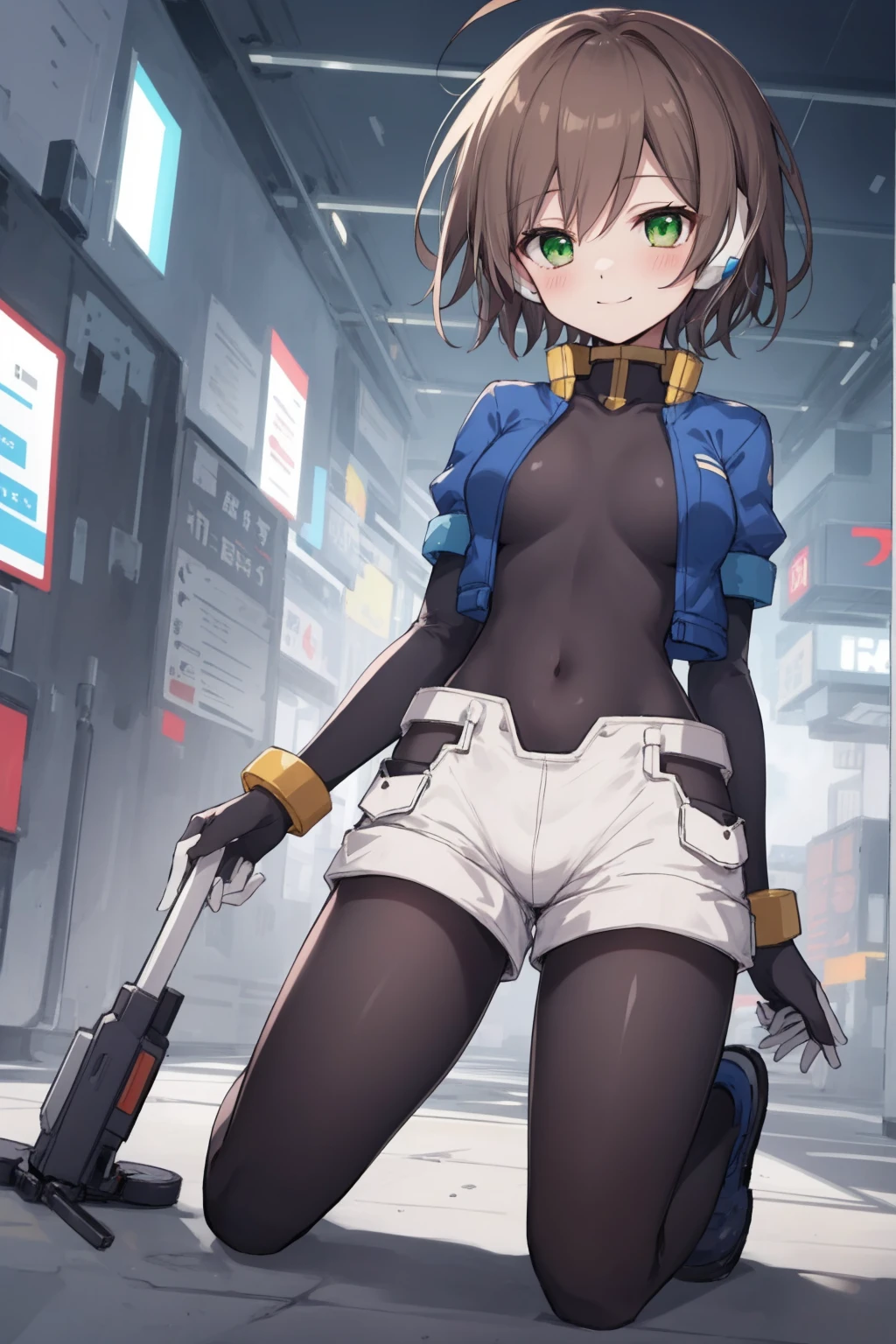 Ten_years_old girl, naked, nude , freckled skin, body freckles, fighting, angry, gun, fullbody, standing, platform heels, pigtails hair, smile showing teeth, open mouth, tongue out, hair clip, Cyberpunk, tight stockings,