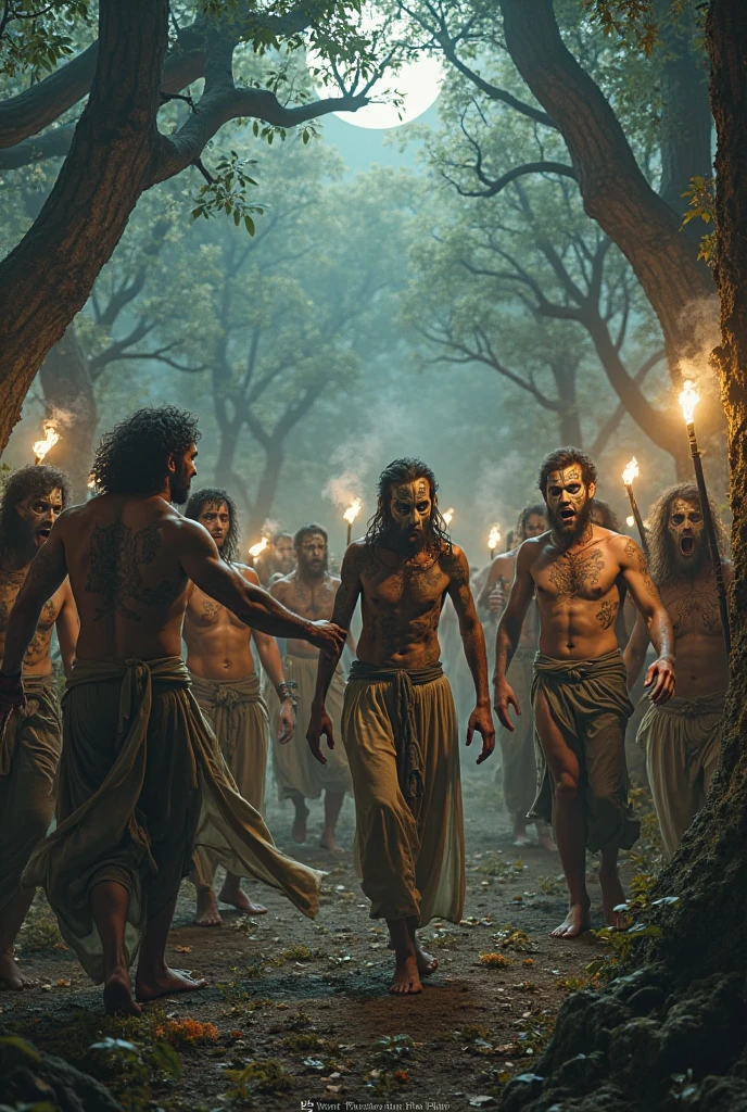 An image of the Pandavas, including Yudhishthira, Bhima, Arjuna, Nakula, and Sahadeva, along with Draupadi, walking into exile, with a somber landscape in the backgroundIn dall e-3 style