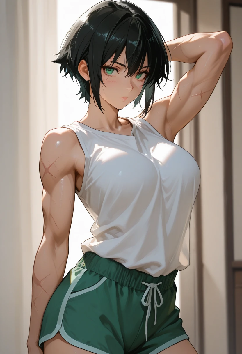 detailed illustration (side view),dynamic angle, ultra-detailed, illustration, clean line art, shading, anime, detailed eyes, detailed face, beautiful face, dramatic lighting, detailed illustration, dynamic angle, ultra-detailed, illustration,
A fit woman with toned abs, in bootie shorts, bandages wraps around chest, anime, wraps bra, Anime fighter protagonist, big round black girl ass, big tits, caramel skin, wide hips.