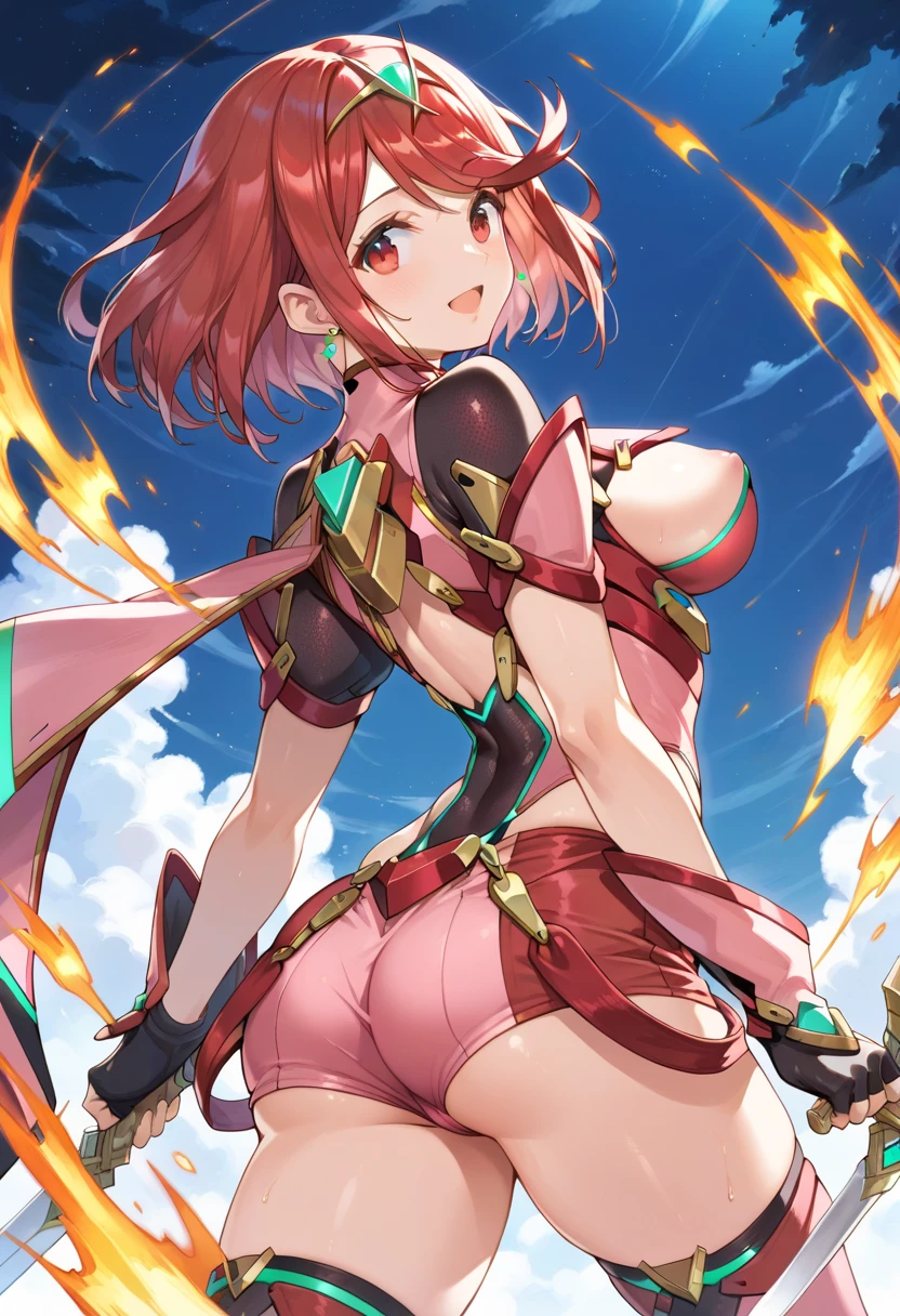 pyra \(xenoblade\), _1girl, lolings, black gloves, breasts,es, shout, earrings, eyelashes, fingerless gloves, floating hair, , gem, gloves, hair ornament, headpiece, jewelry, gigantic_breasts, leanin swimsuit, neon trim, official art, pose, red hair, saitou masatsugu, short hair, sidelocks, skin tight, solo, swept bangs, thighhighs, tiara, fantasy_town_background, underbust, xenoblade chronicles \(series\), (xenoblade chronicles 2), (spread_legs:1.1), fire_effect,dynamic_pose,fighting,light_smile, (plump:1.1), big_ass,huge_sword, hold_le_sword_hilt, covered_nipples, covered_pussy, fnytail,beautiful_rs,(solo:1.1), bare_shoulder,(shoulder_naked:1.2), nipple_jewel,back, back_vfocus_ass,asry_short_shorts:1.3),(lise_leg:1.4)