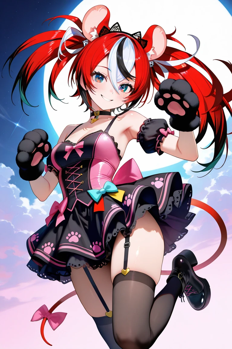 Magenta hair, brown eyes, older woman, long thick hair, pretty hair ornaments, smile face, happy, cat ears, sexy uniform outfit, color background, butterflies, teal and yellow, no hair in face, no bangs in hairstyle