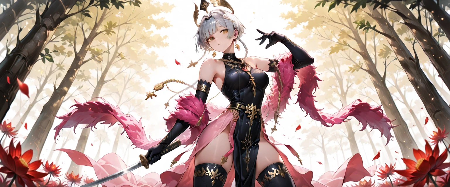 ((plain background:1.2)) ((1girl)) whole body, standing, elf, maduro, Detailed happy face, purple eyes, by rubio, black and white bikini (cow print bikini) (Separate sleeves and stockings like ciw print) ABS, Large knockers, gold chain necklace, stomach tattoo (tatuaje rojo debajo del belly button) (belly button) whole body, 1solo (girl), slave fighter, loincloth standing, hands on the hips, metal sandals, choker, big belt, looking at the viewer, View from below, cowboy shot, long shot, Feet together, Bracers, tiara