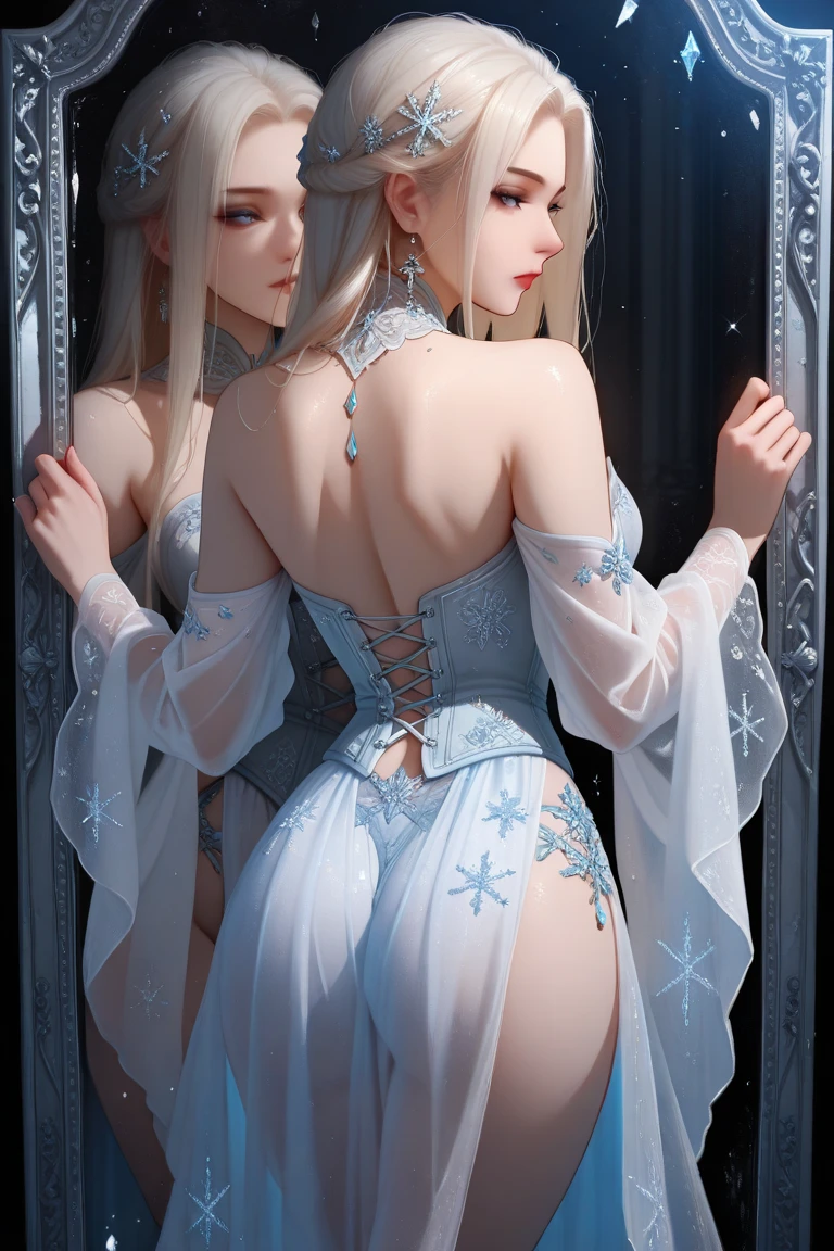 I want to become a strong shadow eater...,Beautiful white silver hair,Medium Shorthair,Braids on the front only,Aligned bangs,Black tabby glasses,,A beautiful Blue eyes,Elven ears,Beautiful white skin,Gothic dresses,Photorealsitic,An ultra-high picture quality,hightquality,masterpiece,Digital SLR,Detailed details,Intricate details,Based on anatomical grounds,Depicted in detail,Detailed face,realistic skin textures,Vivid details,perfect anatomia,perfect anatomia,Anatomically correct hand,Anatomically correct fingers,Super Detail,Complex 3D Rendering,Colossal tits,sexy pose,Beautiful back view,sexy hips,White gold sequin long dress studded with silver,white gold rose hat,white fur coat,Gift Ribbon,More about neon colors,Put it in a nice photo frame and display it,Blue Nails,Beautiful Morning Sun,clear cold sky,fantastic morning sun,beautiful christmas scenery,mysterious snow scene,It's snowing,beautiful ilumination,Christmas tree,Picturesque beauty,Photograph the whole body,9 head body,Pink lip,Luxurious necklace,emphasize the beautiful whole body,Beautiful nails,Black bondage,Beautiful burning rose,High-leg T-back,