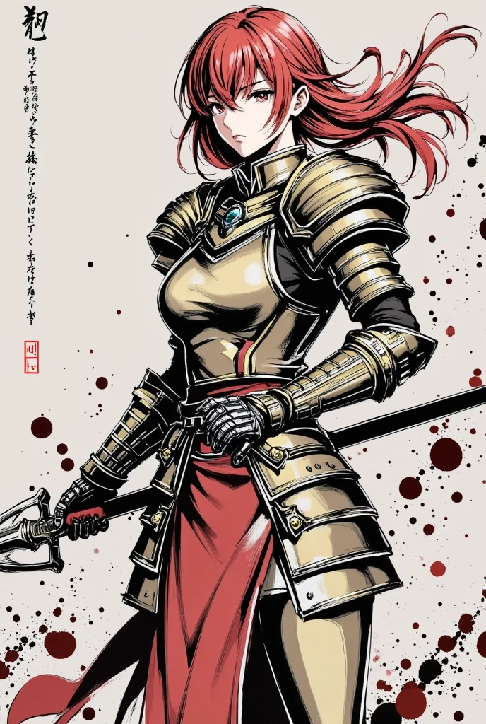 intense and breathtaking scenes of the Malenia Norm , Legendary Female Warrior, Standing in the Middle of Battle . she stands confident There is a, her slender figure in exquisitely drawn gold and crimson armor, Elegant, Thorn-like Motifs . Her Long, fiery red hair sweeps violently, Obscured by an enemy , strong willed eyes. seed on her right hand , She holds an iconic prosthetic hand and captures the unwavering strength of one of the mightiest enemies in the vast, Rune-engraved Sword, Blood dripping from recent battles . with vermilion petals dancing around her to the fullest , He floats through the air like ghostly petals, Adding haunting beauty to the scene . The background is a battlefield devastated by war , the fog of blood-red flowers and burning embers, The remains of fallen warriors are scattered all around. The atmosphere is filled with terror and tenderness, Capturing Malenia's fearsome elegance and、the indomitable strength of one of the most fearsome enemies in the borderland. ( the best ultra-high definition image quality and rendering :3), maximum image details , realistic rendering , ((( Ultra Realistic Style ))), Realistic Side Lighting , , 8k high resolution, Realistic Soft Lighting , ( Amazing Special Effects :3.5) ink painting style,in a dynamic motion