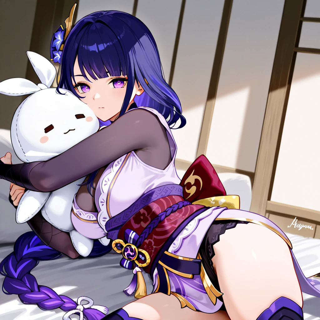 EFT_Shinobu, 1girl, kochou shinobu, butterfly hair ornament, solo, hair ornament, purple hair, multicolored hair, purple eyes, black hair, medium breast, seductive smile, looking at viewer, blurry background, indoors, japanese house, full body, slim, ((masterpiece)), best quality, high detailed illustration, high detailed background, hi-res, bare legs, bare feet, on bed, lying on stomach, naked
