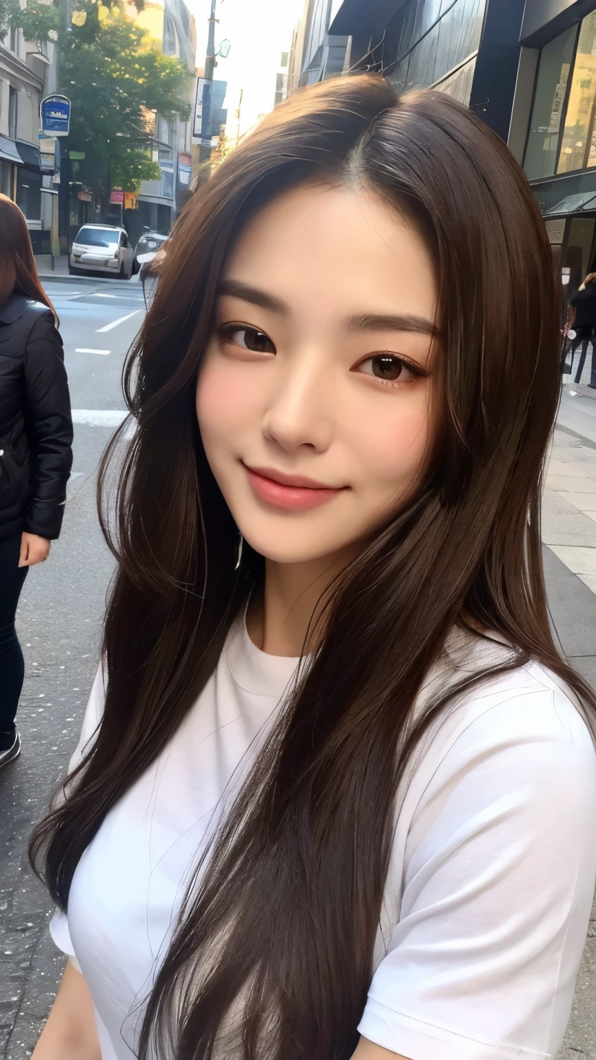 seed:2020674263.((Full body angle:1.1)).((highest quality, 8K, masterpiece:1.3)), ((from below:1.1)).concentrated:1.2, Perfect body beauty:1.4, Hips:1.2, ((Delicate Hair)), (Colorful button-through crop shirt :1.1) , ((highest quality、8K、masterpiece:1.3))、1 Girl、A sloppy smile、Esbian all over、Slim face、Big 、Beautiful woman、(Dark Brown Hair)、Long Hair、1.1、Flickering Valley、Detailed eyes、double eyelid、Blurred Background、超Slim face、Smile、Looking down、stroll、