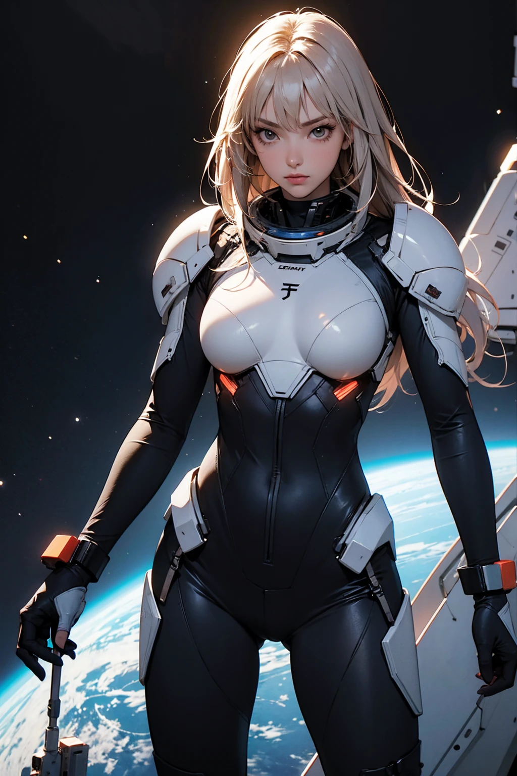 1 sexy girl, white hair, blue eyes, white skin, makeup, perfect body, wearing a mecha pilot suit (black), piloting a mecha (simulating a battle), outer space in the background, (high quality), ( 4K), (cinematic quality), (masterpiece).