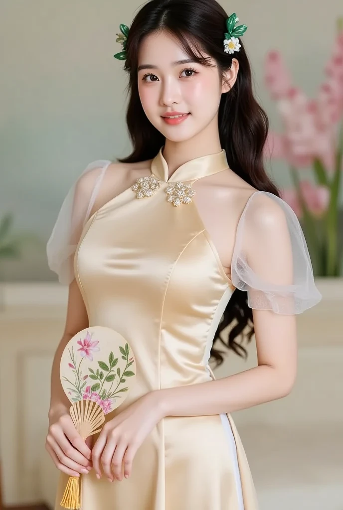 Girls wearing Ao Dai are sewn with thin silk or cotton fabric, There is a long white style that hugs the body.、very detailed, The peacock pattern on the front of the shirt is very detailed., The girl stands in a very nice space with many details