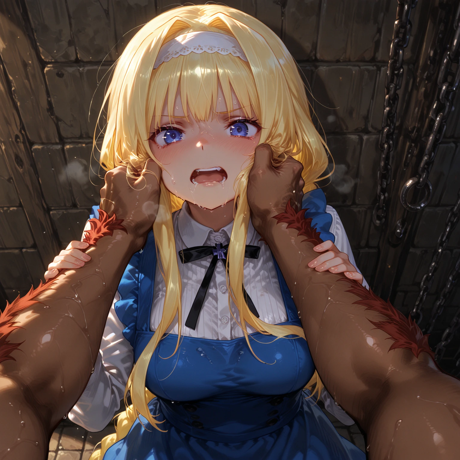 middle ages、a defeated country、female knight、blonde hair、ponytail、girl、many people are watching、shedding tears、tears in my eyes、glare at、I'm in heat、The body is secured with a wooden board、show your armpits、show a woman's genitals、female genitals vomit white fluid、naked、nipple、nippleから白い液体が出る、in public、spread legs、open legs、open the thighs、Chains are attached to the shackles、fold your arms behind your head、There is milk in the bucket、There's a chain on the wall、on the outdoor stage、bend your knees、wet、wearing a collar、gagged