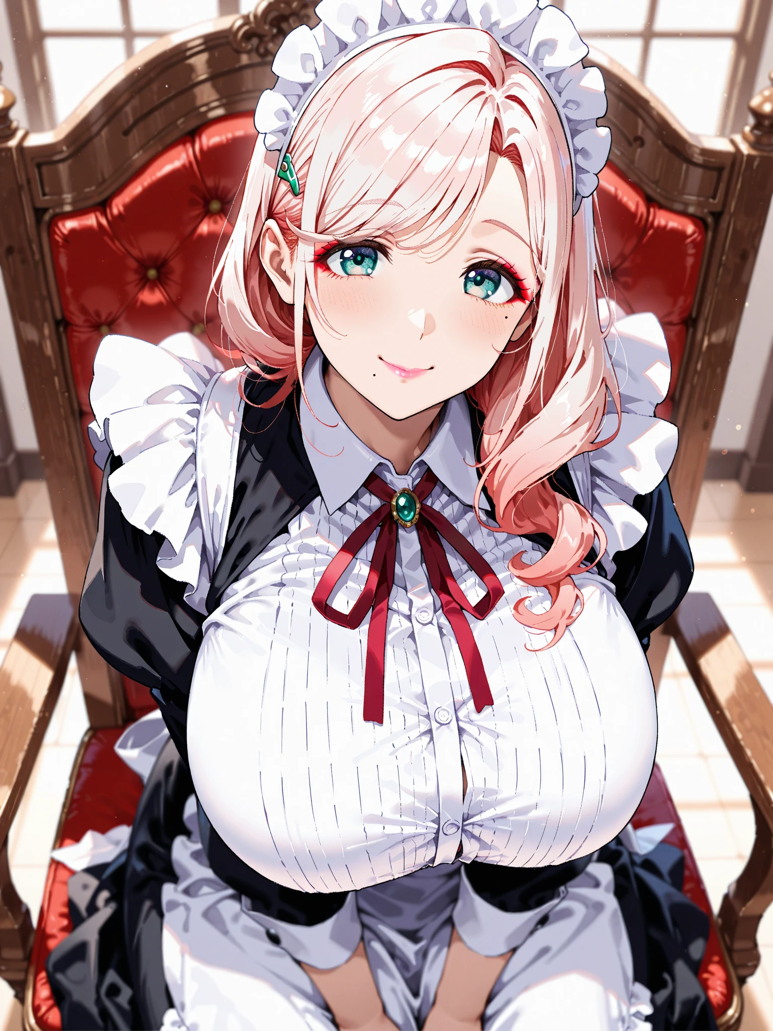 (masterpiece, best quality), 1girl, blue and white frill dress, (white stockings), pink hair, cute face, standing, indoor, intricate detail, sunlight, nsfw, cleavage, panties