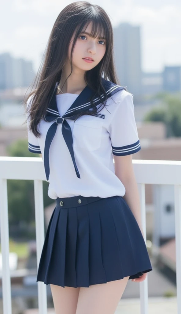 One incredibly cute girl,Super cute 16 year old girl、White skin、(Wearing a sailor uniform)、 Professional Lighting、Tokyo Street,night, Streetscape,City lights,Upper Body,close,smile,, (8k, RAW Photos, highest quality, masterpiece:1.2),(Realistic, photo-Realistic:1.37),Pull up your skirt、Panties are visible、