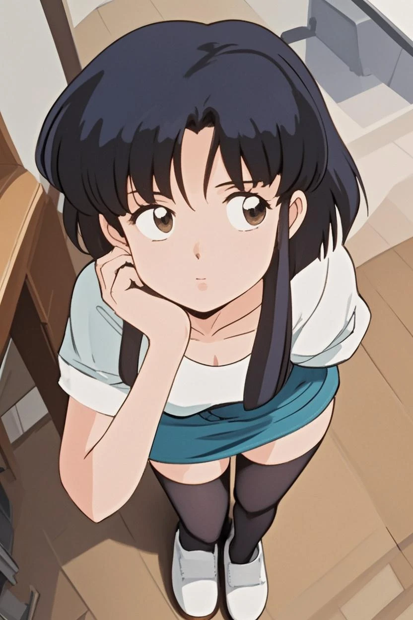 ((masterpiece)), (highest quality), 1 girl, black hair, medium hair, orange eyes, big breasts, olive green t-shirt, long sleeve, apron, brown straight skirt, from below, look down, put your hand on your waist, open your mouth, blush, skirt lift, panties