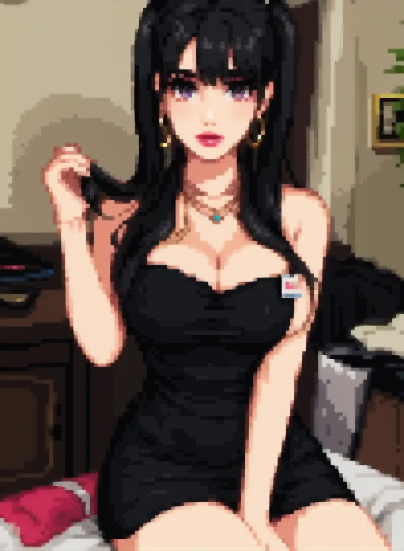 (Pixel art:1.2), 1girl,black hair,big bosom