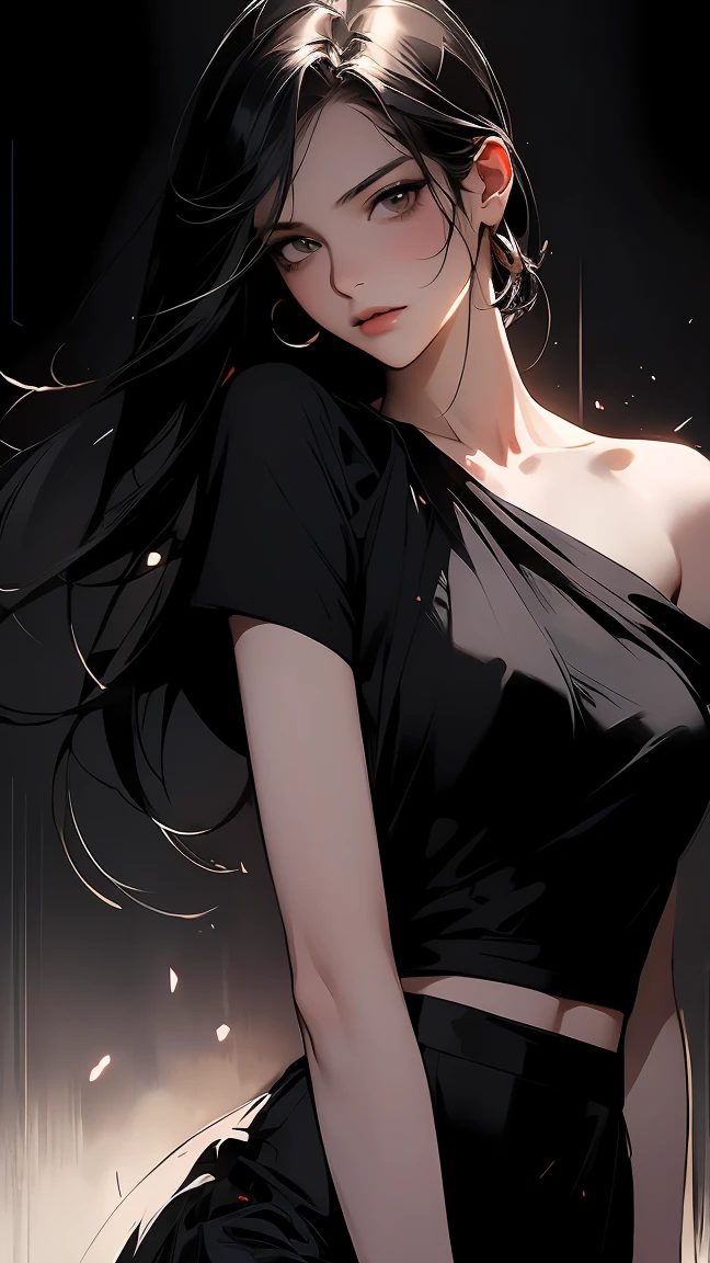 (((masterpiece))),((highest quality)),one beautiful japanese girl,pale, (A character who personifies darkness: 1.5), (My hair turns into a black mist and envelops my entire body..:1.5)、(((hair is black particles:1.5)))、(belly button)、(A glimpse of white skin can be seen through the black mist that covers the body..:1.5),(private server), (exposure of skin),(The background is wasteland 1.5).(((from the front:1.5)))、(straight front: 1.5)、(((dance:1.5)))