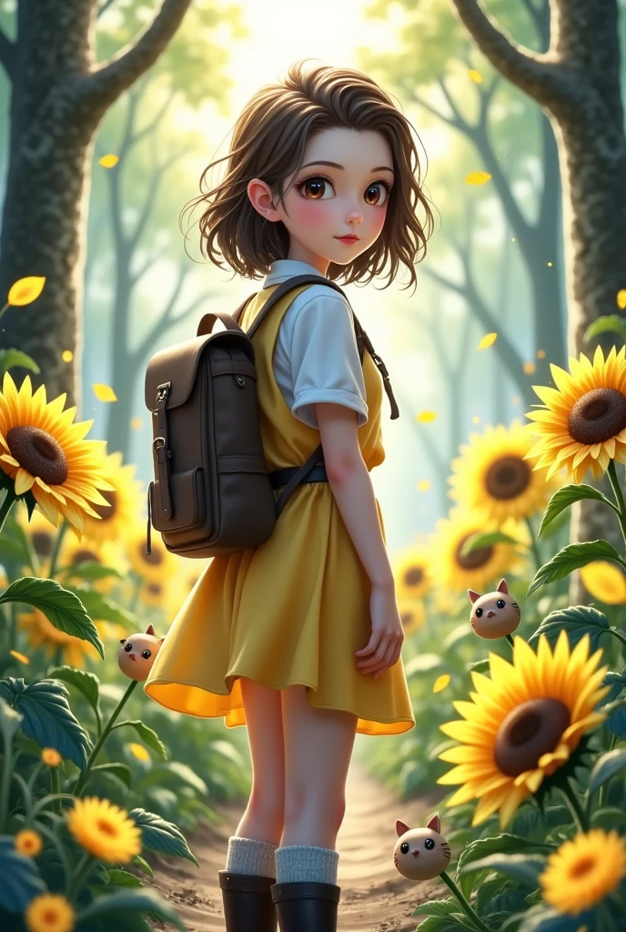 A very charming little girl with a backpack enjoying a lovely spring outing surrounded by beautiful yellow flowers and nature. The illustration is a high-definition illustration in 4K resolution with highly detailed facial features and cartoon-style visuals. Petals, Illustration, (Magazine: 1.3), (Cover Style: 1.3), Fashion, Woman, Vitality, Dressing, Posing, Front, Colorful, Dynamic, Background, Element, Confidence, Expression, Hold, Statement, Attachment, Majestic, Coiled, Surrounding, Touch, Scene, Text, Cover, Bold, Eye-catching, Title, Fashion, Font, Catchy, Title, Bigger, Eye-catching, Modern, Fashionable, Focused, Fashionable,