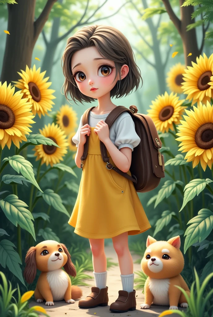 A very charming、Cute little girl carrying backpack,With her cute puppy,Enjoy a lovely spring outing surrounded by beautiful yellow roses and nature。The illustration is a high-definition illustration in 4K resolution,featuring highly detailed facial features and cartoon-style visuals。
