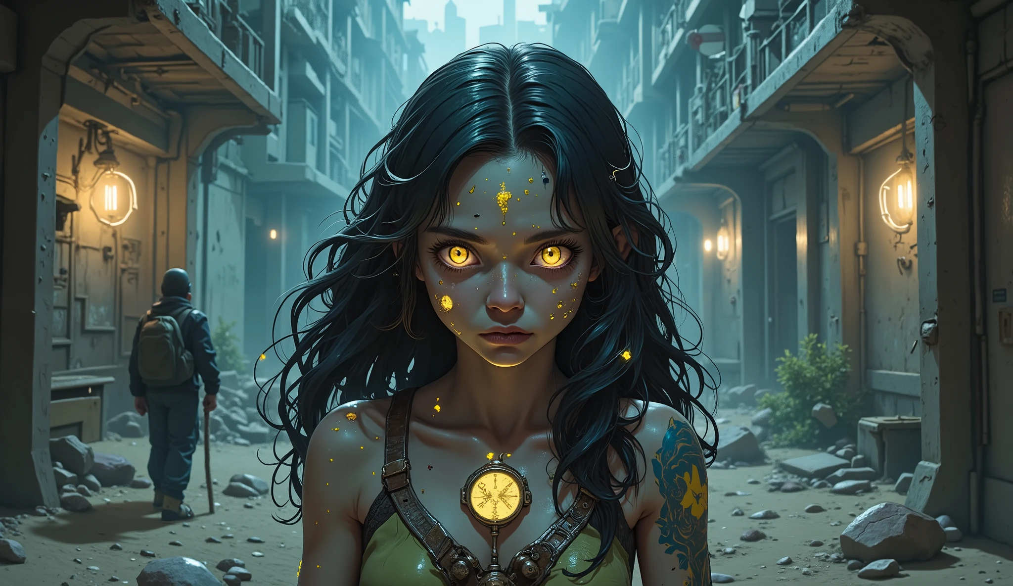 (,(masterpiece), (High resolution), (Very delicate), (masterpiece: 1.2, highest quality),  whole body,(snap shot), Flat Illustration, Creepy Appearance, Unique atmosphere、A man surrounded by a multitude of insects、Grotesque background、Zombie with glowing eyes behind the girl

