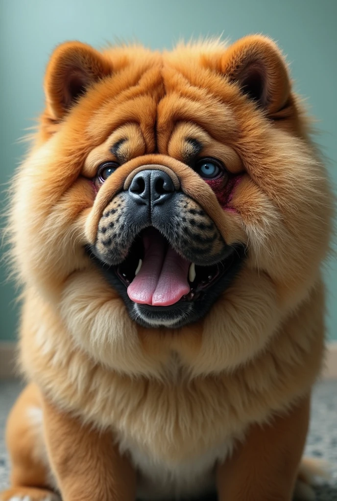 There was a dog sitting on the ground with a chain, big chin, warm and gentle smile, slightly round chin, big cheeks!, happy dog, looking up at camera, soft chin, huge chin, fluffy face, beautiful dog head, looking up at camera, sneering at the camera, Strong sunshine, winking at the camera