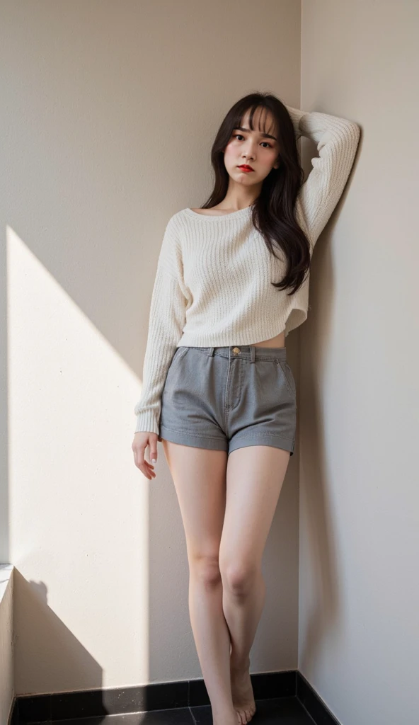 Dark brown hair、Light brown eyes、Japanese actress、 Lady、I am about 40 years old..、(Intricate details:1.2)、(Which one is on top??:1.4)、 (Ultra-high resolution:1.2)、Ultra-high resolution、(Finely tuned)、(Detailed facial features)、Hmph、8K resolution、D cup size breasts、Long Hair、Bright bathroom with sunlight shining in、Large windows、Extravagant space、relax、、,Full body photo、Head to toe shot、Beautiful legs、Loose-fitting sweater、Swimsuit Shorts、Beautiful legs、A refreshing room filled with sunlight、she, household items, (plant:0.8), Fashion Hub, Extreme Detail, Very detailed, Realistic, Hourglass-shaped body, Obscene pose,、Messy Hair、Messy ponytail、Leaning against a wall、私 cry a lot、tears、person on the left、White wall、White floor、